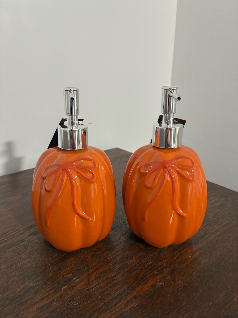 NWT- Set of 2- Orange Ceramic Pumpkin Soap Dispensers w/ Ribbons 18oz
